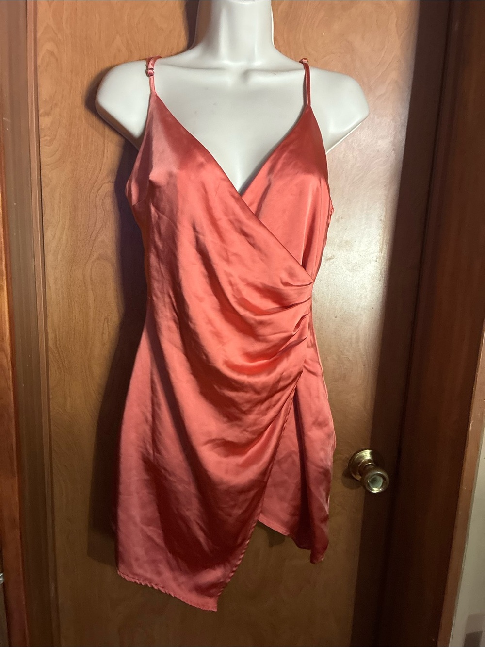 Satin Coral Wrap Slip Dress with Adjustable Straps